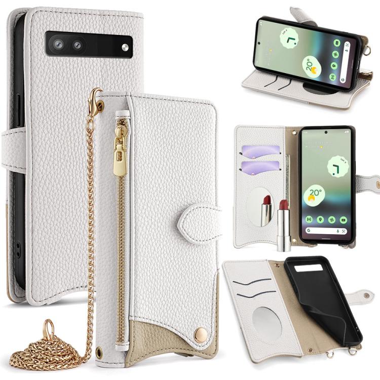 For Google Pixel 6a Crossbody Chain Fishtail Litchi Leather Phone Case(White)