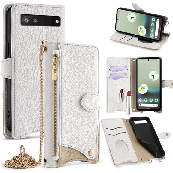 For Google Pixel 6a Crossbody Chain Fishtail Litchi Leather Phone Case(White)