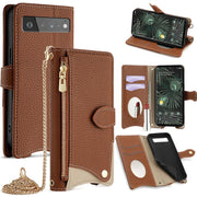 For Google Pixel 6 Pro Crossbody Chain Fishtail Litchi Leather Phone Case(Brown)