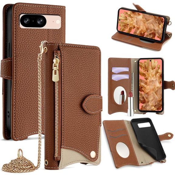 For Google Pixel 8 Crossbody Chain Fishtail Litchi Leather Phone Case(Brown)