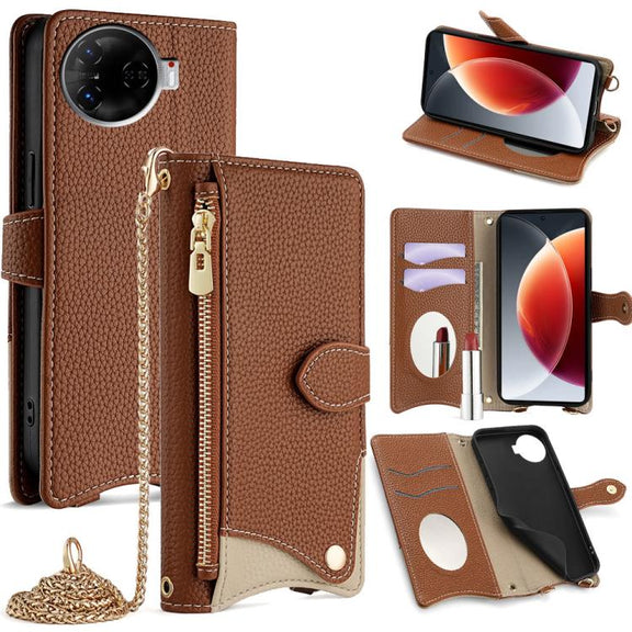 For Tecno Camon 30 Pro Crossbody Chain Fishtail Litchi Leather Phone Case(Brown)