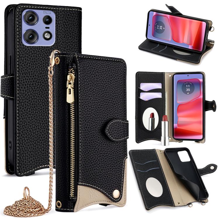 For Motorola Edge 50 Pro Crossbody Chain Fishtail Litchi Leather Phone Case(Black)