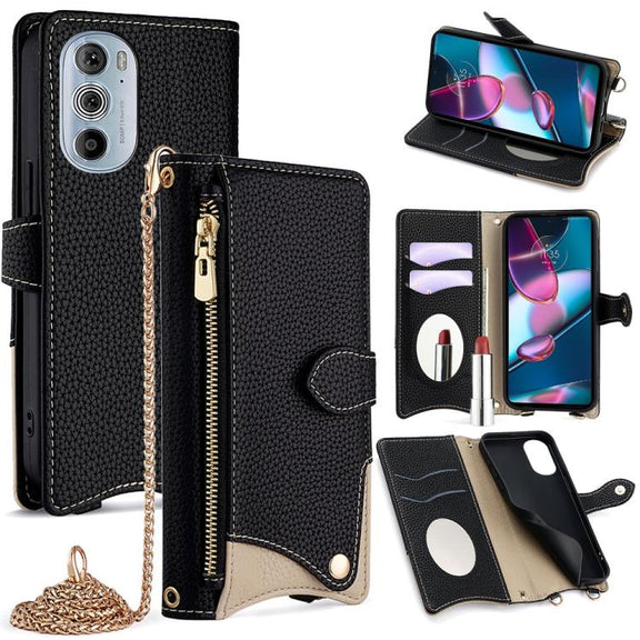 For Motorola Edge+ 2022 / Edge 30 Pro Crossbody Chain Fishtail Litchi Leather Phone Case(Black)