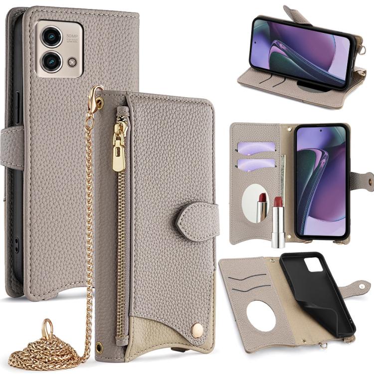 For Motorola Moto G Stylus 5G 2023 Crossbody Chain Fishtail Litchi Leather Phone Case(Grey)