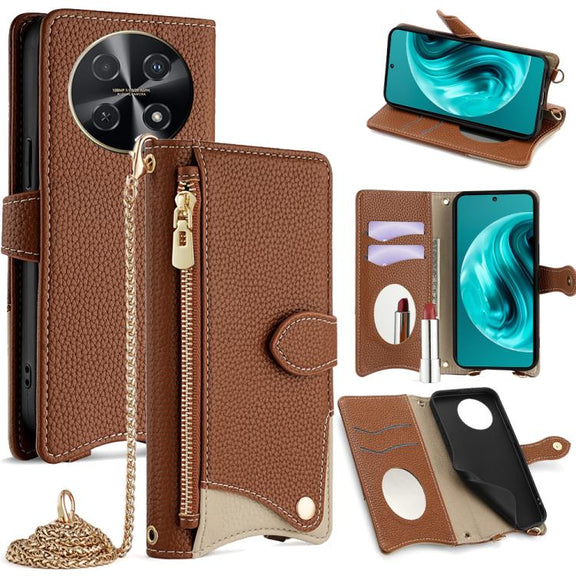 For Huawei nova 12i / Enjoy 70 Pro Crossbody Chain Fishtail Litchi Leather Phone Case(Brown)