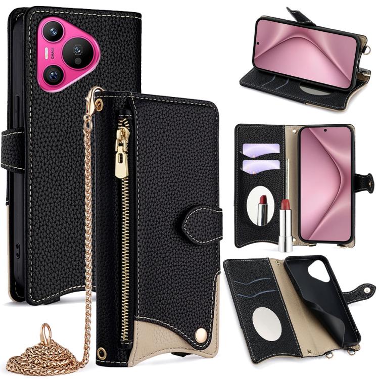 For Huawei Pura 70 Crossbody Chain Fishtail Litchi Leather Phone Case(Black)