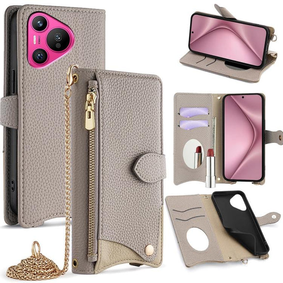 For Huawei Pura 70 Crossbody Chain Fishtail Litchi Leather Phone Case(Grey)