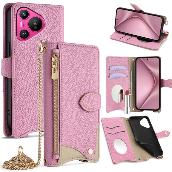 For Huawei Pura 70 Crossbody Chain Fishtail Litchi Leather Phone Case(Pink)