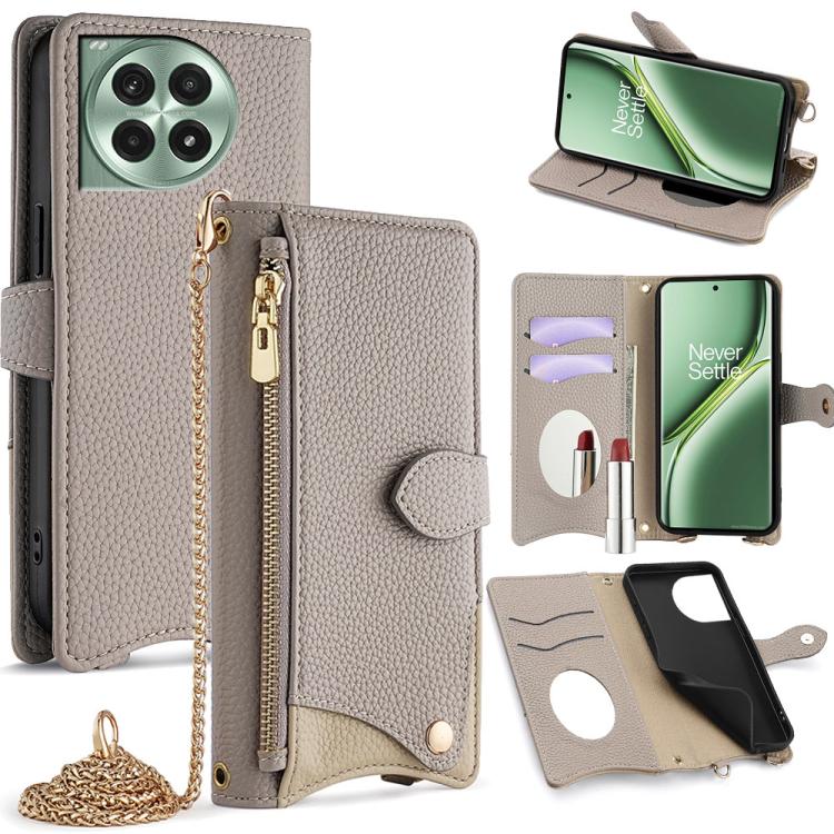 For OnePlus Ace 3 Pro Crossbody Chain Fishtail Litchi Leather Phone Case(Grey)
