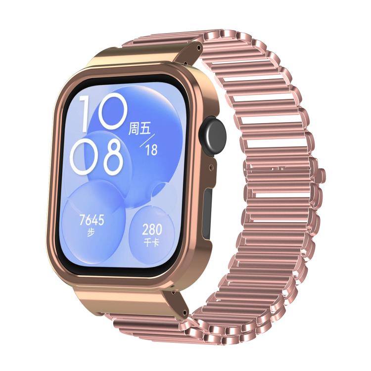 For Huawei Watch Fit3 Hollow Chain Metal Frame Watch Band(Rose Gold+Rose Pink)