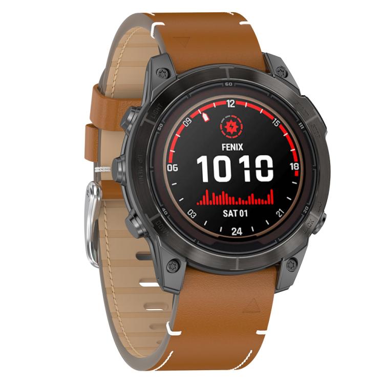 For Garmin Watch 26mm Stitched Genuine Leather Quick Release Watch Band(Brown Silver)