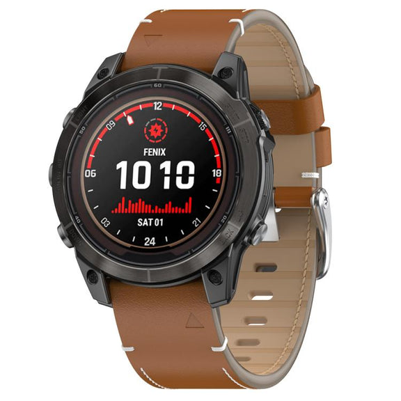 For Garmin Watch 22mm Stitched Genuine Leather Quick Release Watch Band(Brown Silver)