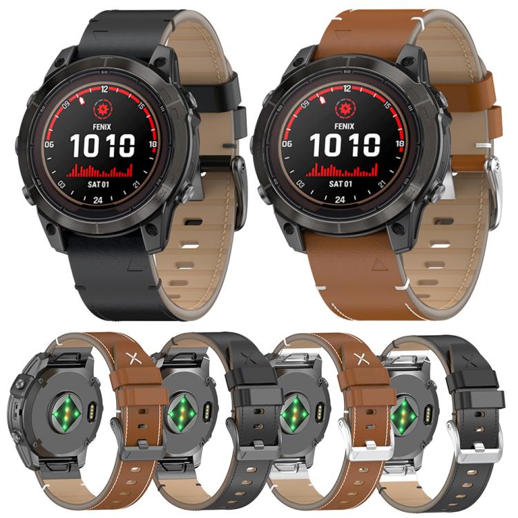 For Garmin Watch 22mm Stitched Genuine Leather Quick Release Watch Band(Brown Silver)