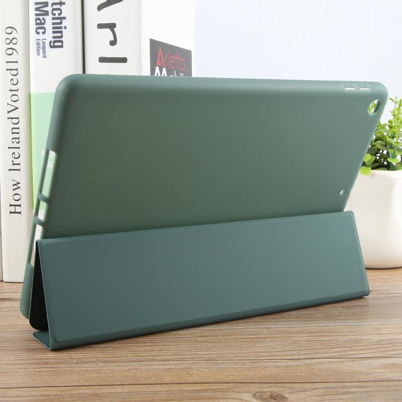 For iPad 10.2 2021 / 2020 / 2019 GEBEI 3-folding Holder Shockproof Flip Leather Tablet Case(Dark Green)