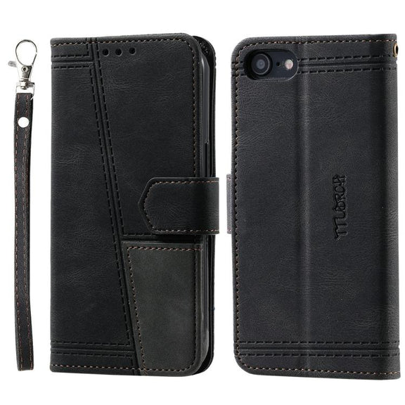 For iPhone 16e TTUDRCH Embossed Line Splicing Leather Phone Case(Black)
