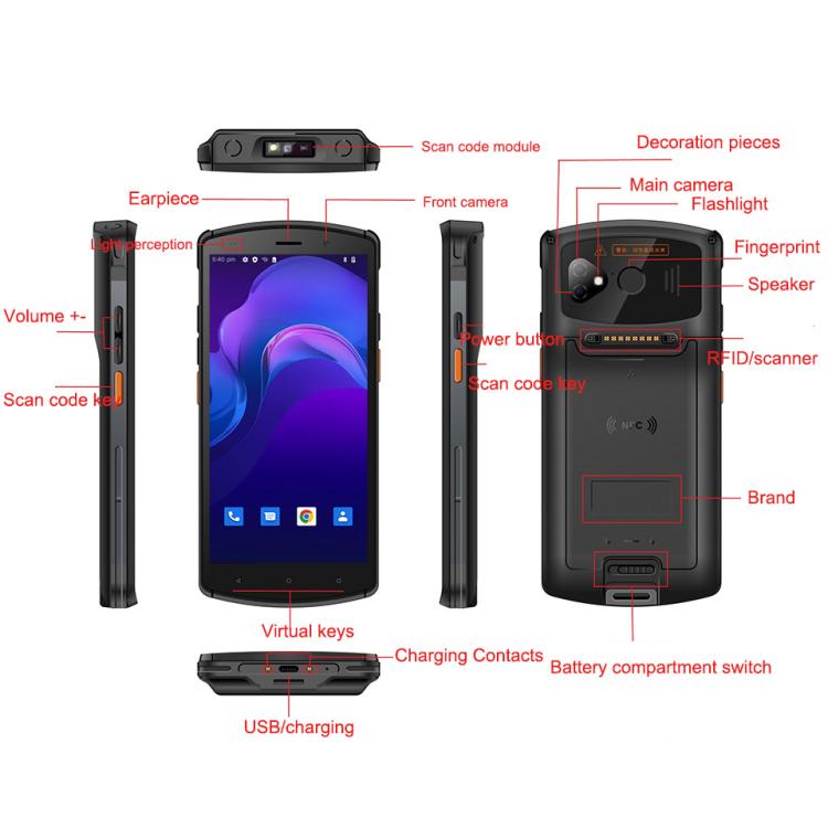 UNIWA V7S PDA Barcode Scanner Rugged Phone, 4GB+64GB, 5.7 inch Android 12 Mediatek MT6762 Octa Core, NFC, Network: 4G, Plug:US Plug(Black)