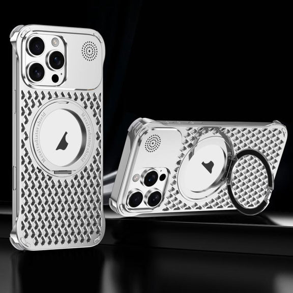 For iPhone 16 Pro R-JUST RJ-64 Aromatherapy Heat Dissipation MagSafe Phone Case with Stand(Silver)