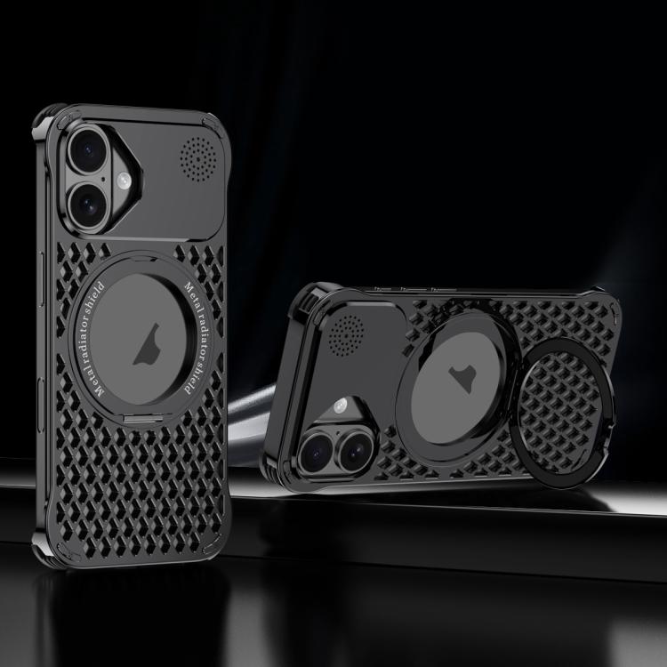 For iPhone 16 R-JUST RJ-64 Aromatherapy Heat Dissipation MagSafe Phone Case with Stand(Black)