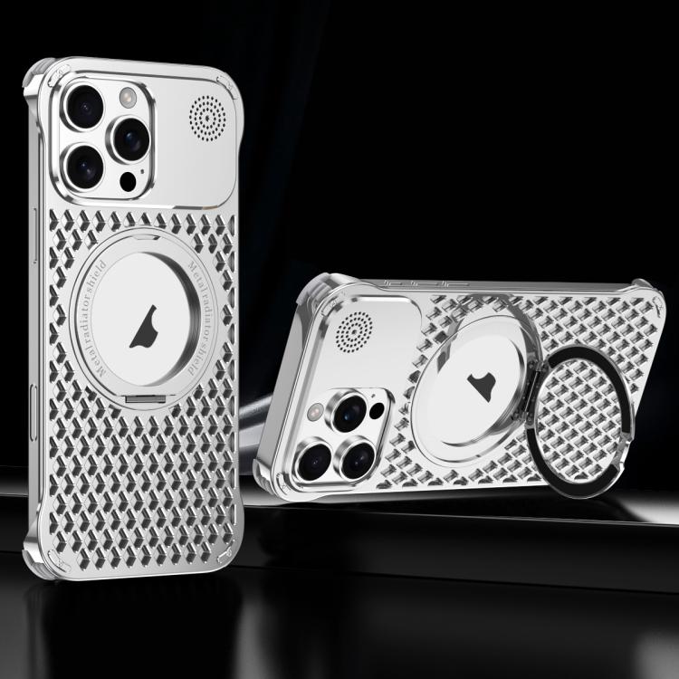 For iPhone 15 Pro Max R-JUST RJ-64 Aromatherapy Heat Dissipation MagSafe Phone Case with Stand(Silver)