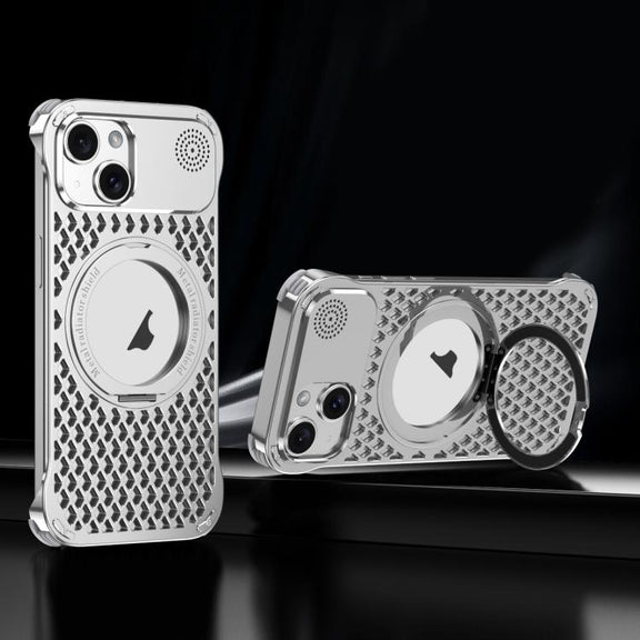 For iPhone 14 R-JUST RJ-64 Aromatherapy Heat Dissipation MagSafe Phone Case with Stand(Silver)
