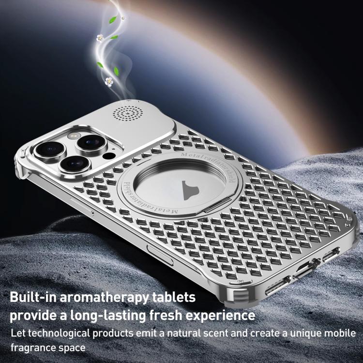 For iPhone 15 R-JUST RJ-64 Aromatherapy Heat Dissipation MagSafe Phone Case with Stand(Silver)