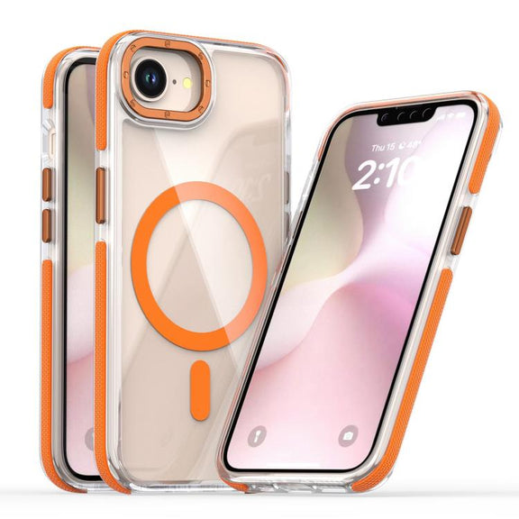 For iPhone 16e Dual-Color Clear Acrylic Hybrid TPU MagSafe Phone Case(Orange)