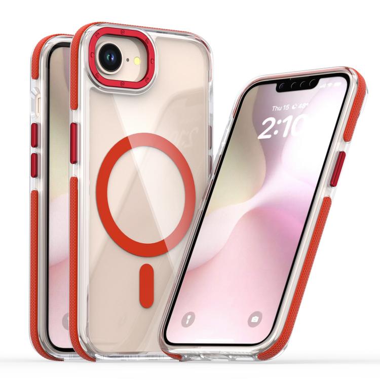 For iPhone 16e Dual-Color Clear Acrylic Hybrid TPU MagSafe Phone Case(Red)