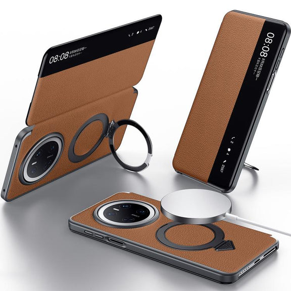For Huawei Mate 70 SULADA Smart View Window MagSafe Magnetic Holder Leather Phone Case(Brown)