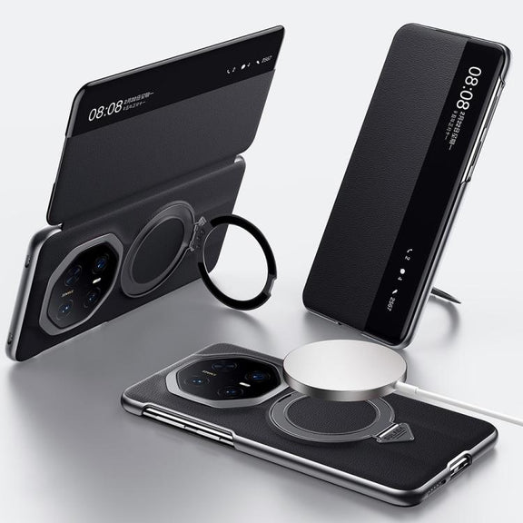 For Huawei Mate 70 RS Ultimate SULADA Smart View Window MagSafe Magnetic Holder Leather Phone Case(Black)