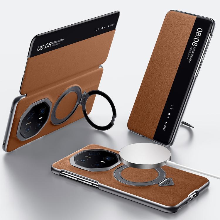 For Huawei Mate 70 RS Ultimate SULADA Smart View Window MagSafe Magnetic Holder Leather Phone Case(Brown)