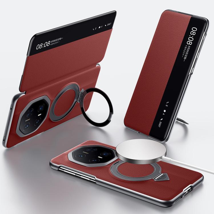 For Huawei Mate 70 RS Ultimate SULADA Smart View Window MagSafe Magnetic Holder Leather Phone Case(Red)