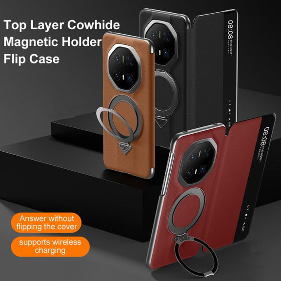 For Huawei Mate 70 RS Ultimate SULADA Smart View Window MagSafe Magnetic Holder Leather Phone Case(Red)