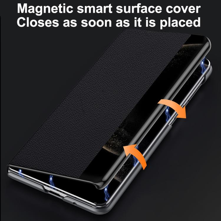 For Huawei Mate X6 SULADA Smart Series Wristband Holder Smart View Window Genuine Leather Phone Case(Blue)