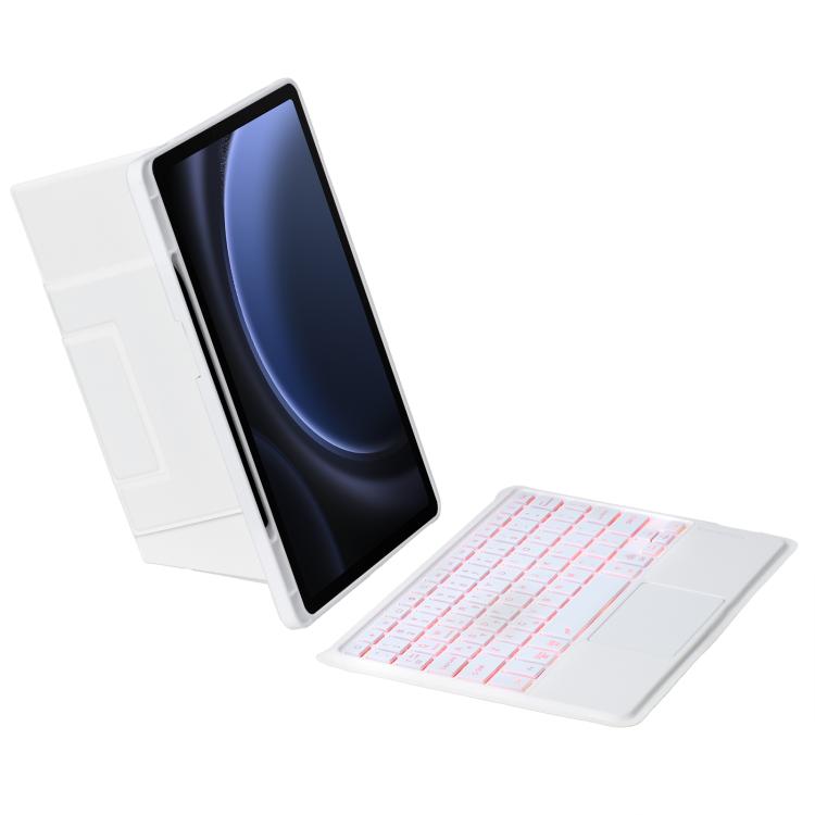 For Samsung Galaxy Tab S10 FE / S9 FE / S9 Holder Floating Detachable Backlight Keyboard Tablet Leather Case with Touchpad(White)