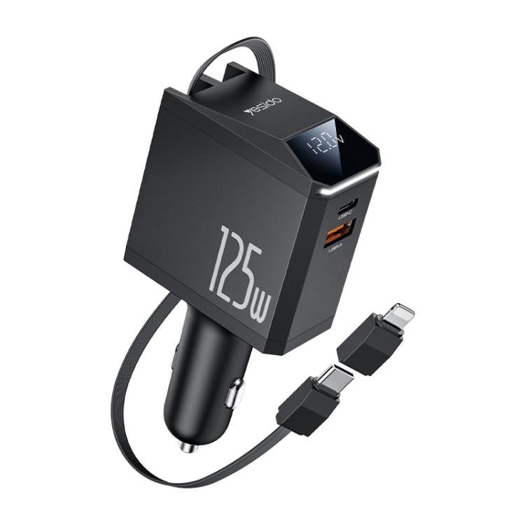 Yesido Y71 125W Type-C + 8 Pin Retractable Cable 3 in 1 Car Charger(Black)