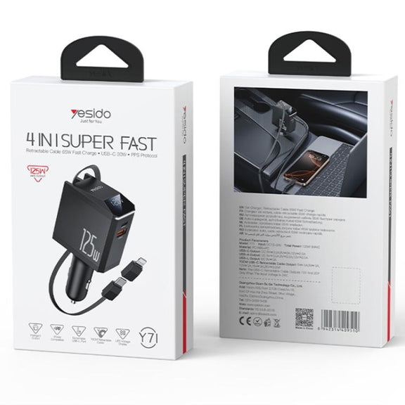 Yesido Y71 125W Type-C + 8 Pin Retractable Cable 3 in 1 Car Charger(Black)