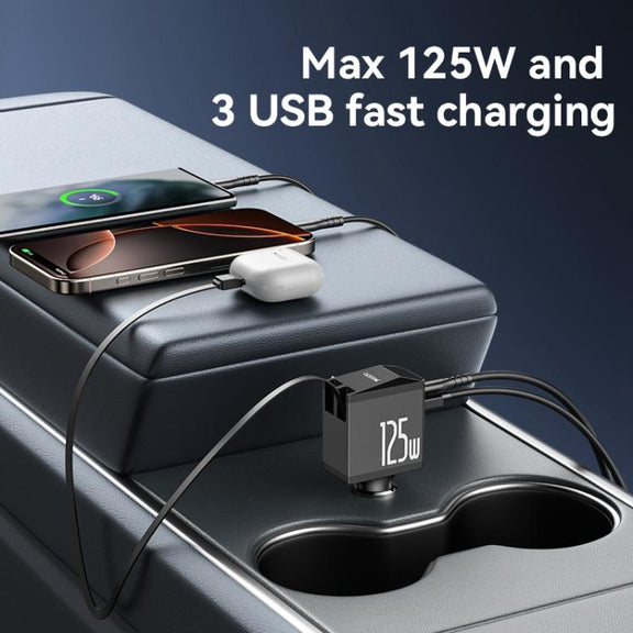 Yesido Y71 125W Type-C + 8 Pin Retractable Cable 3 in 1 Car Charger(Black)