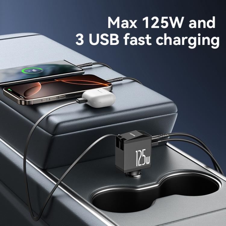 Yesido Y71 125W Type-C + 8 Pin Retractable Cable 3 in 1 Car Charger(Black)