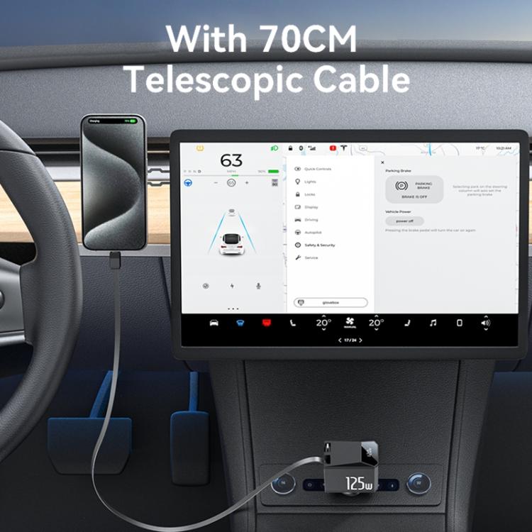 Yesido Y71 125W Type-C + 8 Pin Retractable Cable 3 in 1 Car Charger(Black)