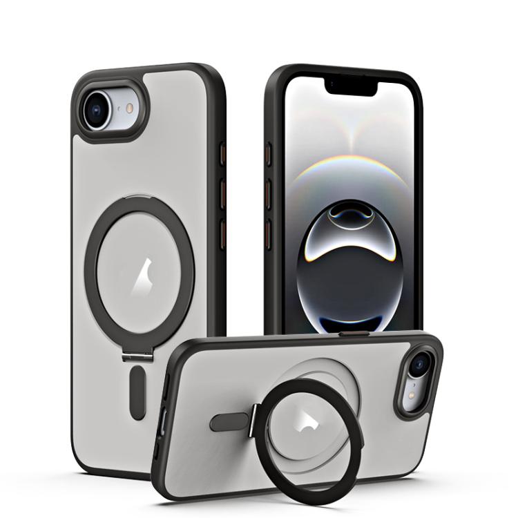 For iPhone 16e Airbag MagSafe Shockproof Frosted Phone Case with Fold Holder(Black)