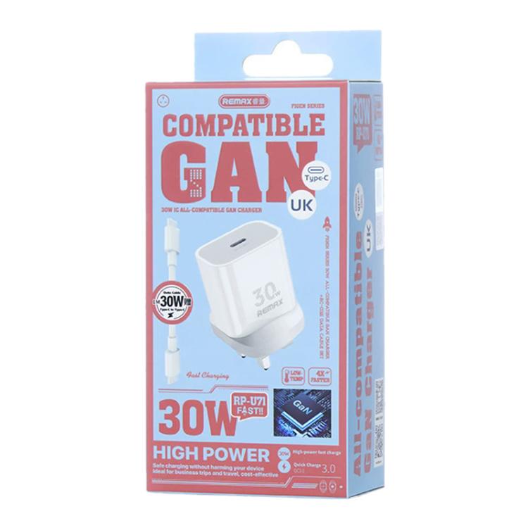 REMAX RP-U71 30W Type-C All-compatible GaN Charger with Data Cable, Plug:UK Plug(White)