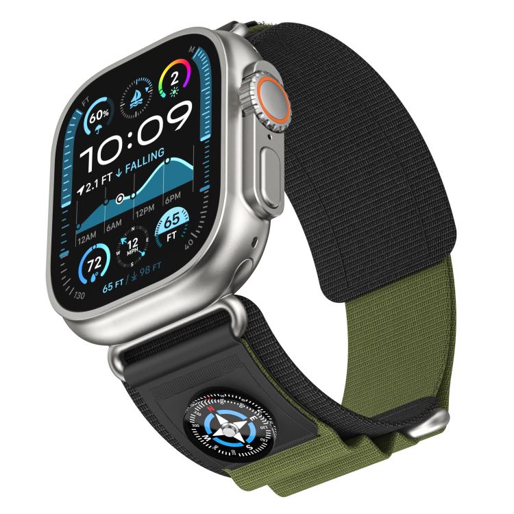 For Apple Watch 46mm / 49mm / 45mm / 44mm Kalebol Compass Nylon Loop Watch Strap(Black Army Green)