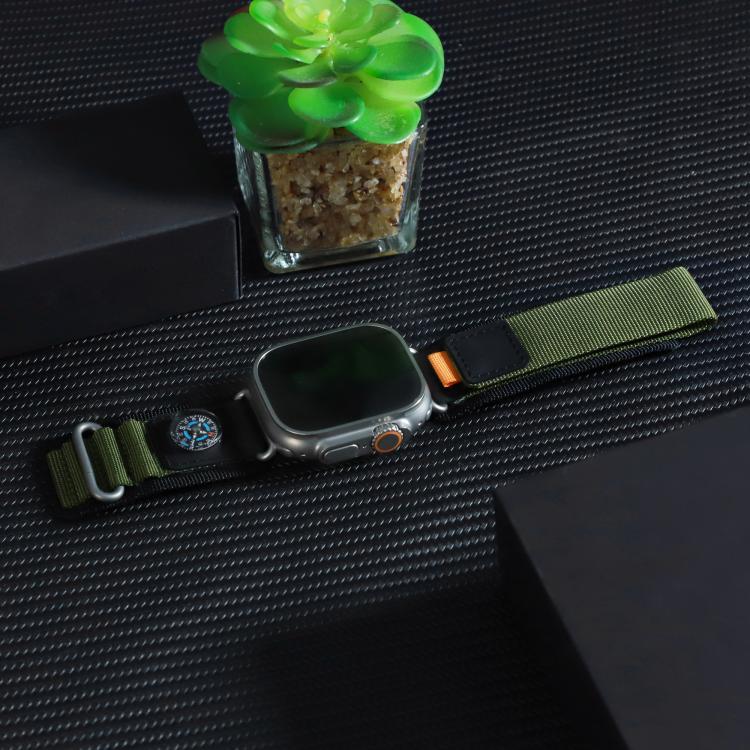 For Apple Watch 46mm / 49mm / 45mm / 44mm Kalebol Compass Nylon Loop Watch Strap(Black Army Green)