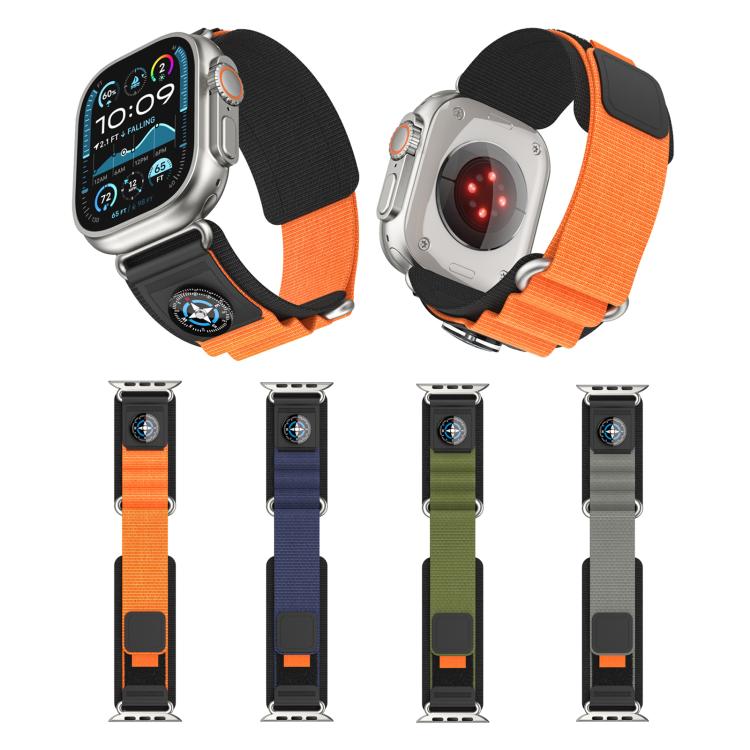 For Apple Watch 46mm / 49mm / 45mm / 44mm Kalebol Compass Nylon Loop Watch Strap(Black Orange)