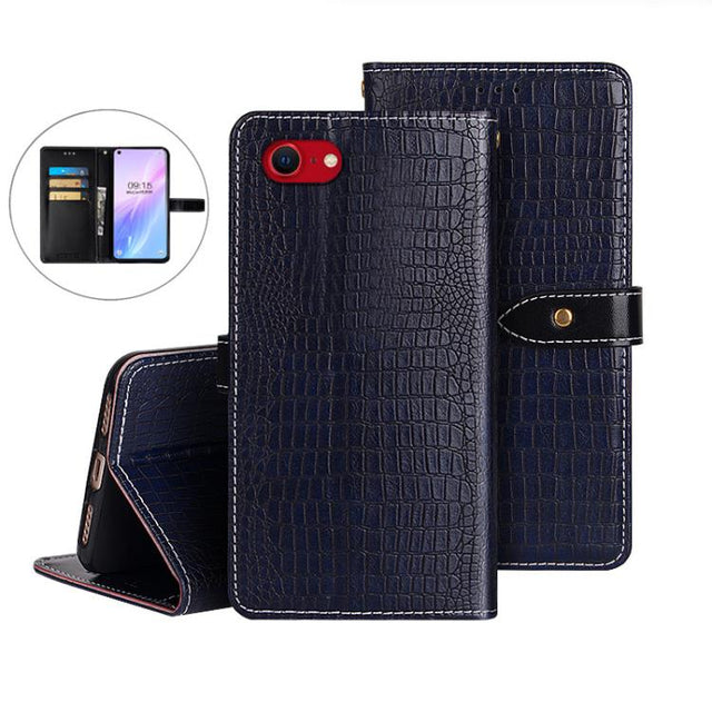 For iPhone 16e idewei Crocodile Texture Leather Phone Case(Dark Blue)