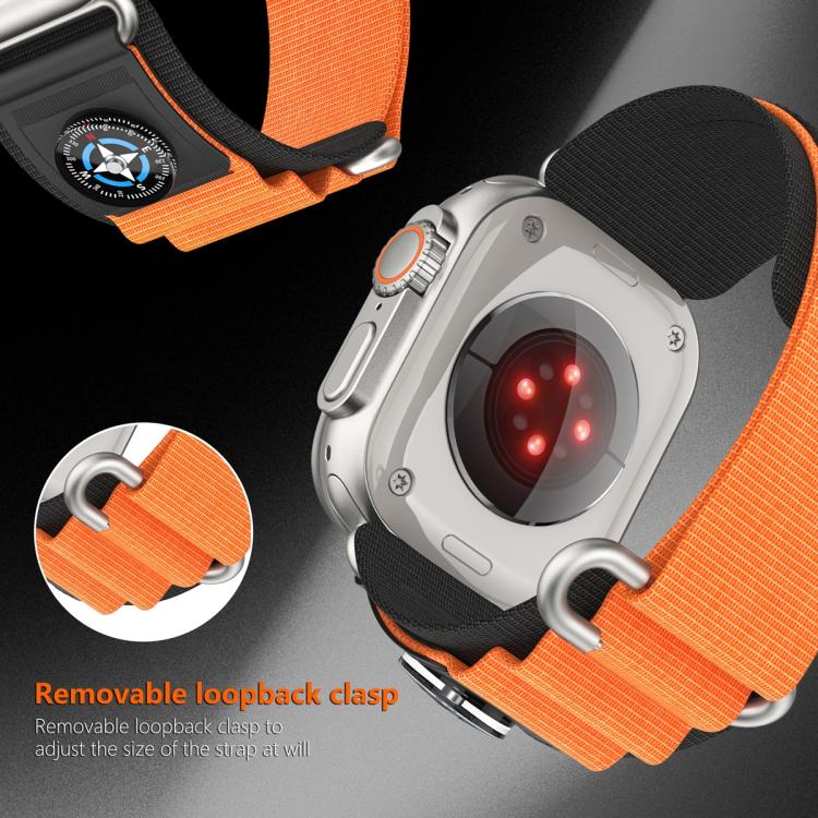For Apple Watch 46mm / 49mm / 45mm / 44mm Compass Nylon Loop Watch Band(Black Orange)