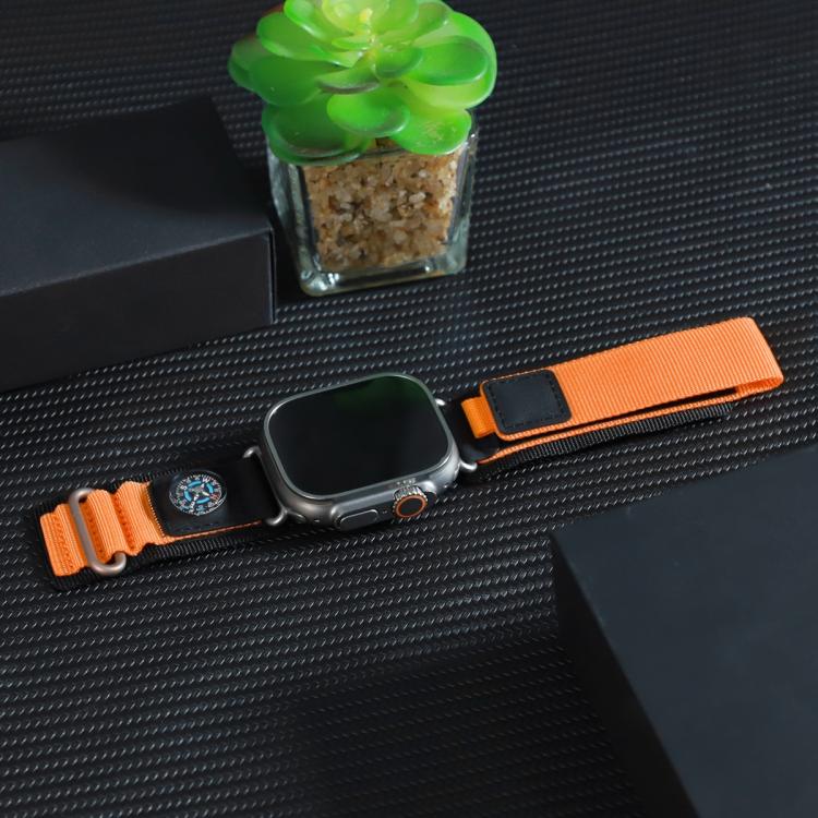 For Apple Watch 46mm / 49mm / 45mm / 44mm Compass Nylon Loop Watch Band(Black Orange)