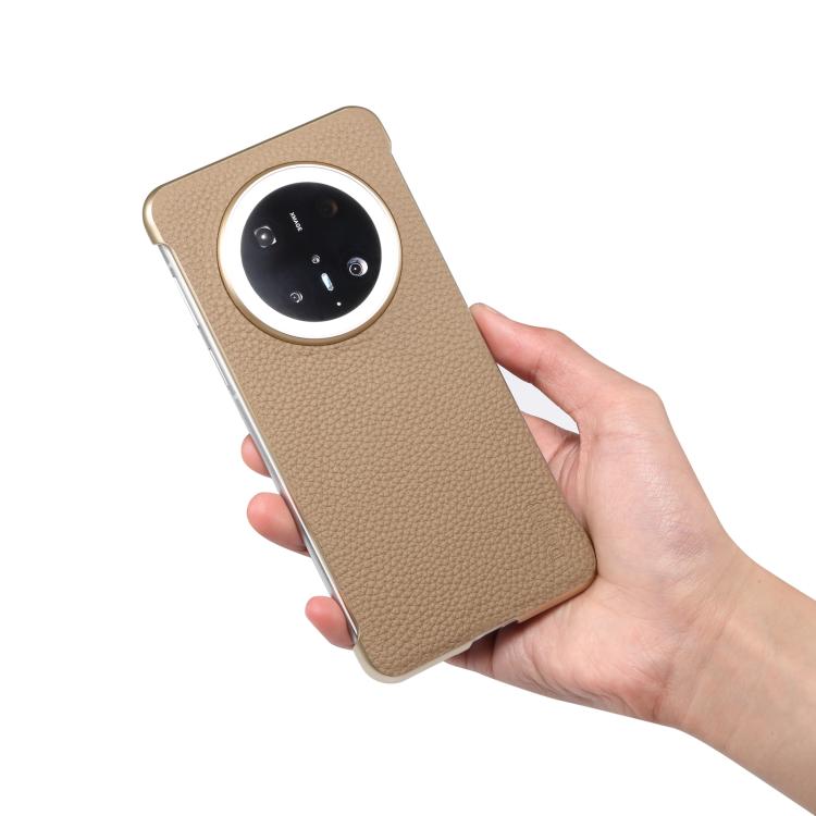 For Huawei Mate 60 Denior A20 Genuine Leather Litchi Texture MagSafe Frameless Phone Case(Khaki)