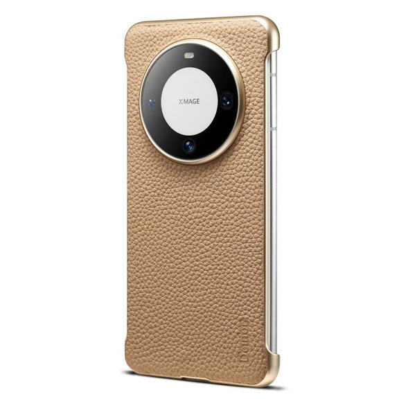 For Huawei Mate 60 Denior A20 Genuine Leather Litchi Texture MagSafe Frameless Phone Case(Khaki)