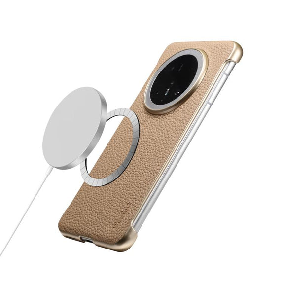 For Huawei Mate 60 Denior A20 Genuine Leather Litchi Texture MagSafe Frameless Phone Case(Khaki)